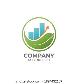 Mindful Saving Logo Design Concept With Leaf Shape, Bar Chart And Level Up Arrow Element. Illustrates The Financial Mindfulness. Fit For Investment Company, Consultant Etc