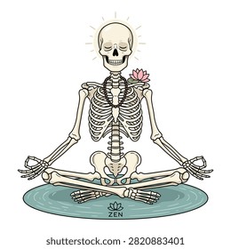 Mindful skeleton character practicing yoga meditation in cross legged posture on blue mat with peaceful aura and flower.