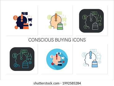 Mindful spending icons set.Thoughtful shopping. Necessary purchases.Profitable investment.Thoughtful spending money.Collection of icons in linear, filled, color styles.Isolated vector illustrations 