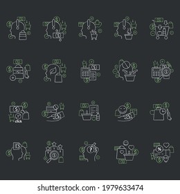 Mindful spendings chalk icons set. Conscious buying, conscious consumer,buy less. Shopaholism, sales, green thinking. Buying fewer concepts. Isolated vector illustrations on chalkboard