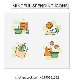 Mindful spendings color icon set. Shopaholism, designate guilt-free spending money, shopping list, stress. Buying fewer concepts. Isolated vector illustrations
