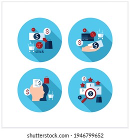 Mindful spendings flat icons set. Rating, accountability partner, one click buying, cash using. Buying fewer concepts.Vector collection