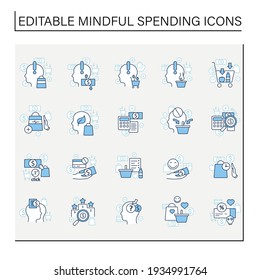 Mindful spendings line icons set. Conscious buying, conscious consumer,buy less. Shopaholism, sales, green thinking. Buying fewer concepts. Isolated vector illustrations. Editable stroke