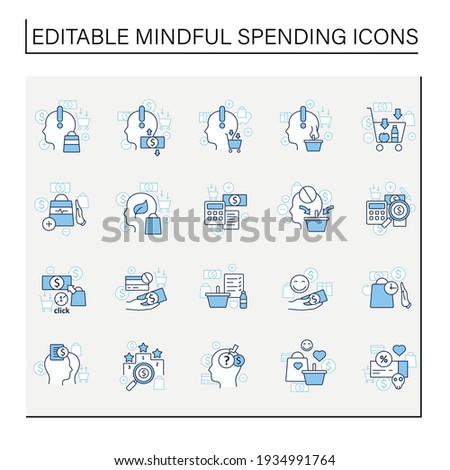 Mindful spendings line icons set. Conscious buying, conscious consumer,buy less. Shopaholism, sales, green thinking. Buying fewer concepts. Isolated vector illustrations. Editable stroke