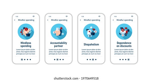 Mindful spendings onboarding mobile app screens. Thoughtful shopping. Conscious buying steps menu. Set of UI, UX, web template with RGB color linear icons