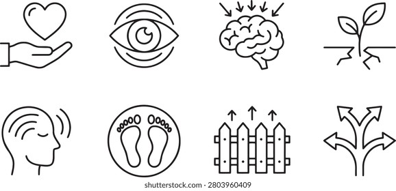 Mindful steps and path to recovery line icons set