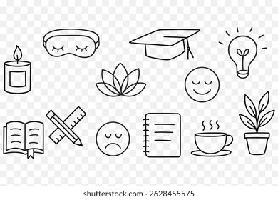  Mindful Study and Wellness Icons – Minimalist Line Art Set