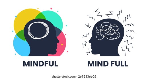 Mindful vs mind full. 2 heads with different thinking. Vector illustration