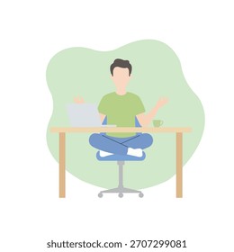 Trabajador consciente meditando en el escritorio de oficina, alivio del estrés y equilibrio entre la vida laboral y la vida privada