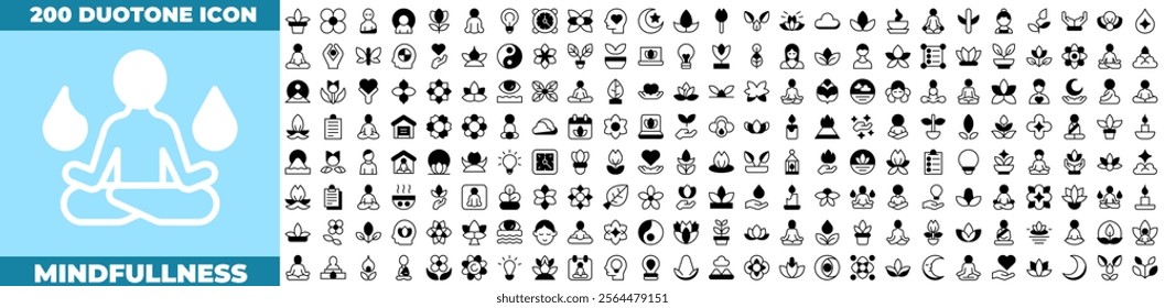 Mindfullness Duotone Editable Icons set. Vector illustration in modern thin solid style of mindfullness icons: relaxation, yoga, spa, etc