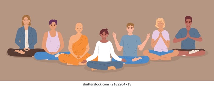 Mindfullness flat concept with group meditation in lotus pose vector illustration