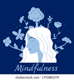 Mindfullness meditation woman meditate. Mental calmness and self consciousness flora concept. Vector illustration isolated