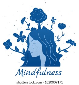 Mindfullness meditation woman meditate. Mental calmness and self consciousness flora concept. Vector illustration isolated