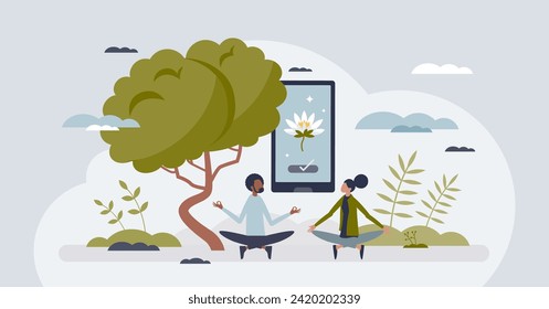 Mindfulness apps for meditation or mental relaxation tiny person concept. Calm breathing music for yoga practice vector illustration. Smartphone program for tranquility training. Application to relax