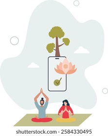 Mindfulness apps for meditation or mental relaxation.Calm breathing music for yoga practice.flat character life .