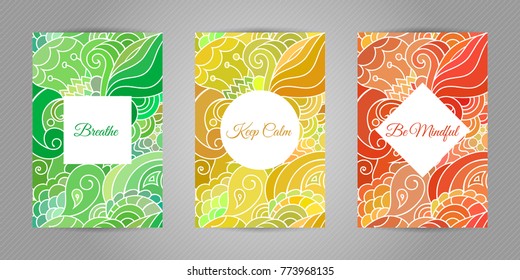 Mindfulness, calmness and wellbeing yoga and wellness motivational typography postcards on colorful zentangle style background with indian and asian motives.
