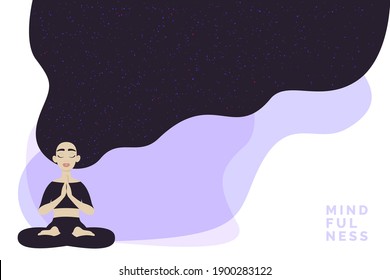 Mindfulness card. Woman meditates in the lotus position. Space background.