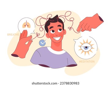 Mindfulness. Cheerful male character getting psychological therapy. Meditation, breathing exercises for mental well-being and authentic self-realization. Flat vector illustration