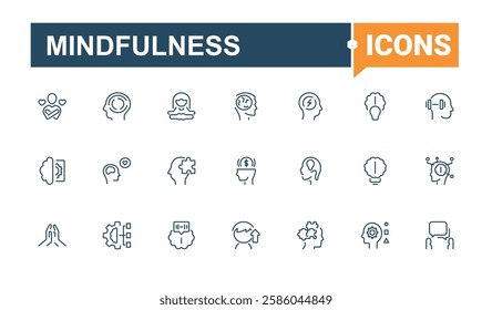Mindfulness collection. Includes icons for mental, emotion, body, psychology, stress, personal, mind, therapy. Thin icon. Minimalist editable vector stroke.