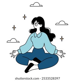 Conceito de atenção plena. Empresária praticando meditação para manter o equilíbrio entre a vida profissional e a vida pessoal. Serenidade em um mundo agitado. Ilustração vetorial.