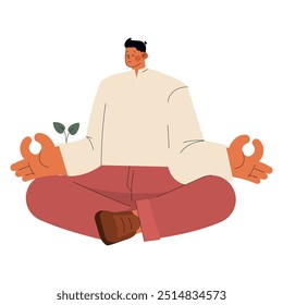 Mindfulness concept. Calm businessman in meditation pose with a plant sprouting from his hand. Balancing work-life harmony. Vector illustration.