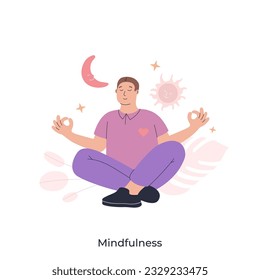 Mindfulness concept flat vector illustration. Tranquil man meditating in lotus pose. Practices of mind and body balance cartoon composition for web design. Creative idea for website and presentation