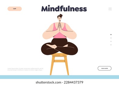 Concepto de atención para la plantilla de la página de aterrizaje con mujer feliz meditando en la posición de la mano lotus asana y Namaste sentada en la ilustración vectorial de taburete sin respaldo. Salud mental y autoequilibrio