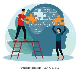 Mindfulness concept. Two individuals assembling puzzle pieces to form a human head, symbolizing collaboration, teamwork, and Mindfulness.