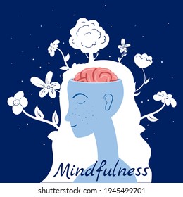 Mindfulness concept Woman in meditation. Open brain mental calm mind, releasing stress. Vector illustration isolated