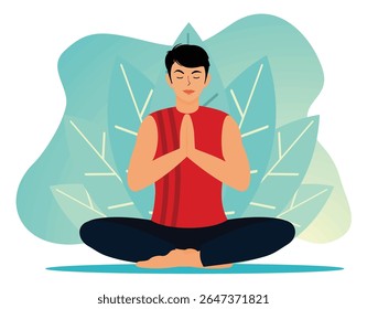 Mindfulness concept. Young Person meditating, expressing mindfulness and inner balance, surrounded by a nature-inspired backdrop with soothing tones. 