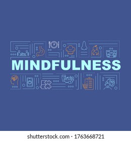 Mindfulness, conscious nutrition word concepts banner. Healthcare, mindful eating. Infographics with linear icons on blue background. Isolated typography. Vector outline RGB color illustration