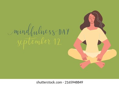 Mindfulness Day September 12 hand written lettering illustration postcard template with plants and flowers