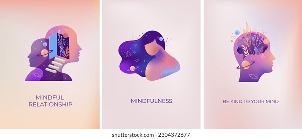 Mindfulness and dreaming concept collection of illustrations. Brain, neuroscience and creative mind poster, cover