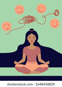 Mindfulness and emotional wellbeing illustration of woman in lotus pose, calming anxiety and stress with peaceful happy faces in soft colors.