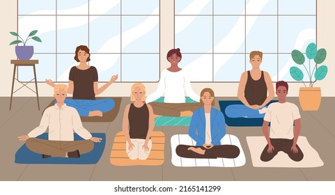 Mindfulness flat concept with group meditation in lotus pose indoors vector illustration