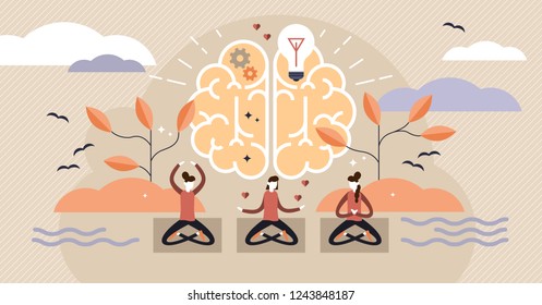 Mindfulness flat vector illustration. Mentally healthy exercise with yoga pose. Spiritual body training knowledge for peaceful, creative, and harmony woman. Intelligent people group learning harmony.