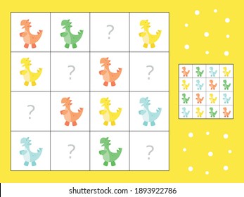 Mindfulness game for children. Vector graphics. Cute dinosaurs. Printout for preschoolers. Puzzle, occupation, riddle, logic game for the development of intelligence.