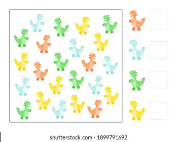 Juego de la atención para los niños. Gráficos vectoriales. Los dinosaurios son pequeños y coloridos. Impreso para preescolares. Juego de cuentas. Rompecabezas, ocupación, acertijo, juego lógico para el desarrollo de la inteligencia.