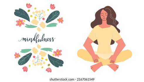 Mindfulness hand written brush lettering in script. Illustration postcard template with text, plants and flowers. Vector art.