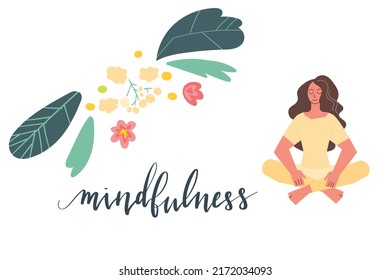 Mindfulness hand written brush lettering in script. Illustration postcard template with text, plants and flowers. Vector art.