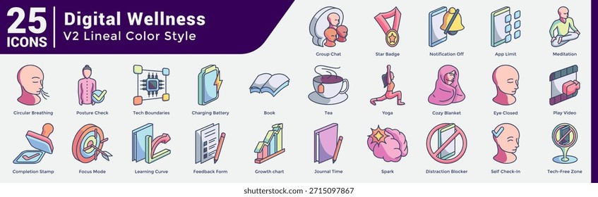 Mindfulness Healthy Tech Habits Bundle provides 25 icons for calm routines, limits, focus, and self-care. Lineal Color style.