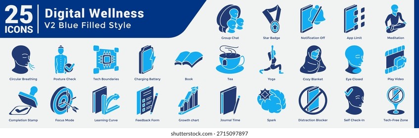 Achtsamkeit Healthy Tech Habits Bundle bietet 25 Symbole für ruhige Routinen, Grenzen, Fokus und Selbstversorgung. Dualtone-Stil.