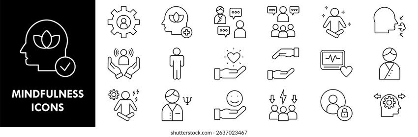 Mindfulness icon collection set. Containing design mind, brain, human, mental, intelligence