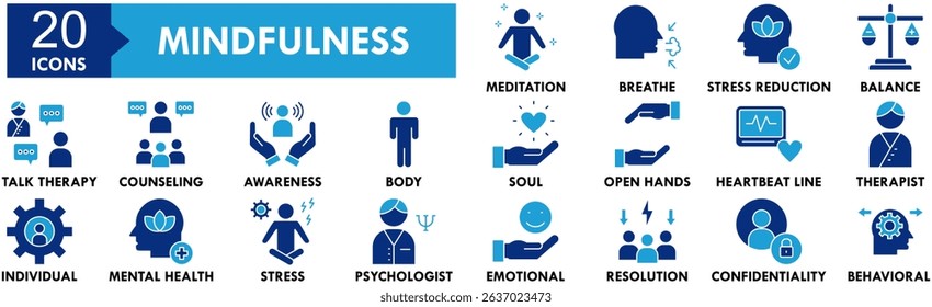 Mindfulness icon collection set. Containing design mind, brain, human, mental, intelligence