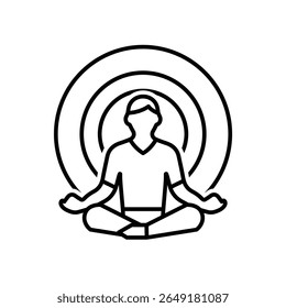 Mindfulness icon. meditation timer. person sitting lotus with clock behind. lifestyles, meditating, exercise. Outline design style