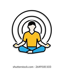 Mindfulness icon. meditation timer. person sitting lotus with clock behind. lifestyles, meditating, exercise. Mixed design style