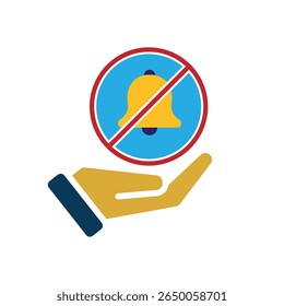 Mindfulness icon. no notification in hand. bell in crossed circle. mental health, calmness, exercise. Flat design style