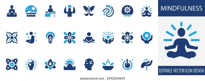 Mindfulness icon set. awareness, soul, mental health, Present Moment, Clarity Icons, Reflective Mind, meditation and flat vector icons. solid illustration