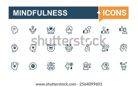 Mindfulness icon set. Includes icons for emot, Positive Thinking, good, attitude, courage, think, mindedness, loved. Collection for mobile and web apps. Solid line editable stroke.