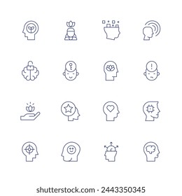 Mindfulness icon set. Thin line icon. Editable stroke. Containing think, mindfulness, openminded, openmind, confident, focus, happiness, adhd, transparency, alert, brain, physicalwellbeing, memory.